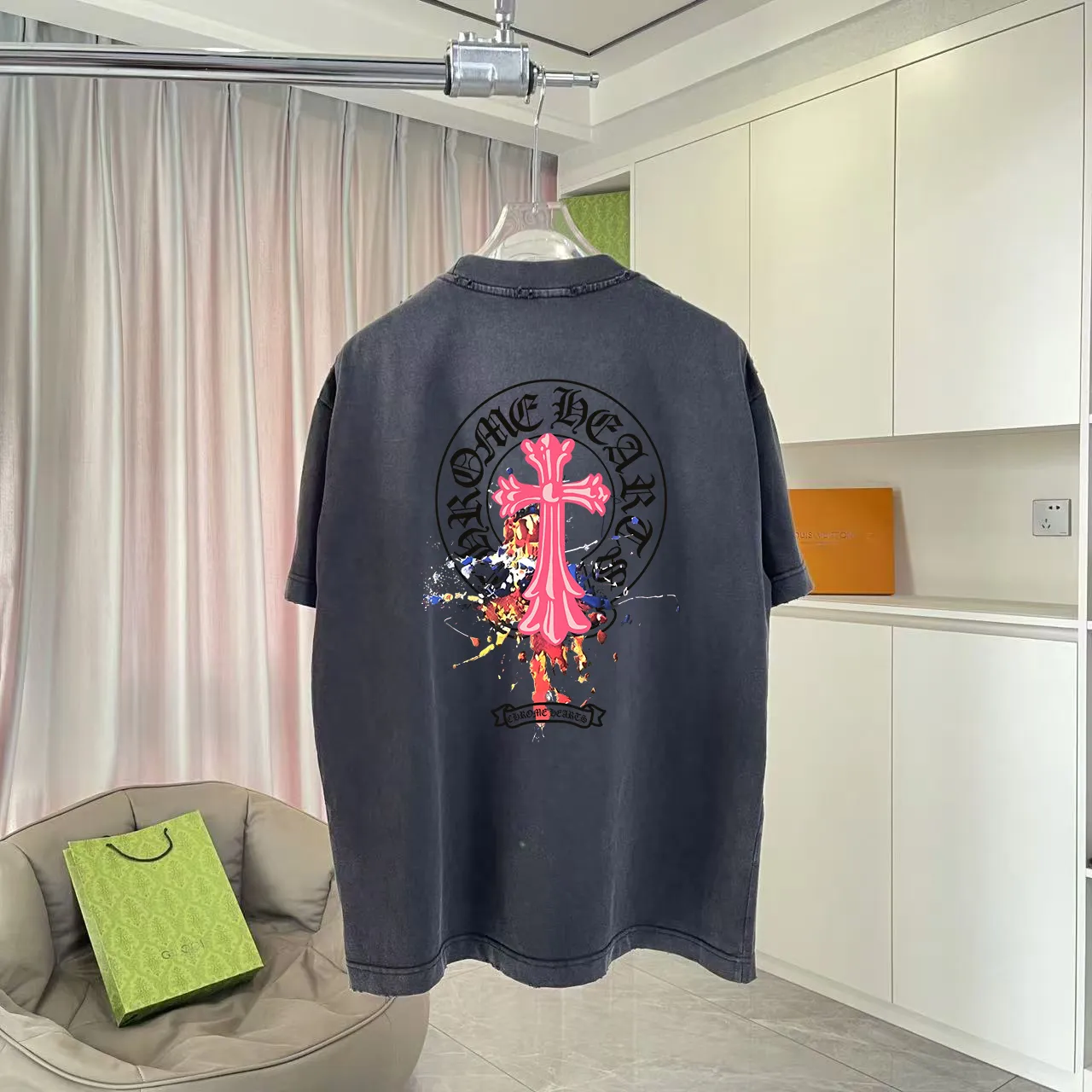 🅿️190 ch Crow* 2025 summer new style, washed, distressed, spray-painted, Sanskrit cross print, short-sleeved T-shirt, customized fabric 320g, same style for men and women, size: S M L XL XXL five sizes, color: black, white, gradient black, gradient red